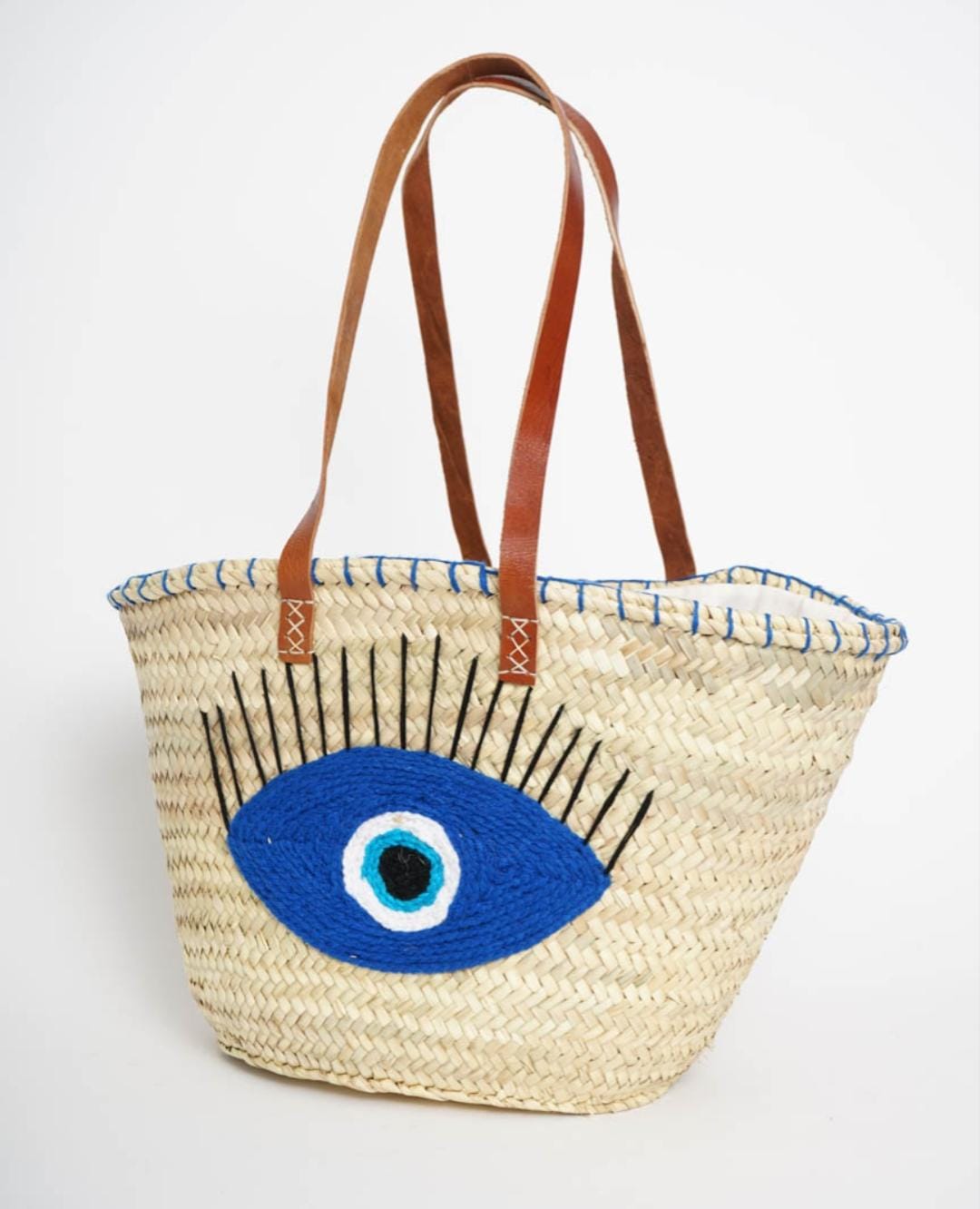 Capazo Ojo Turco Azul de Palma Natural y Lana – Asa de Piel